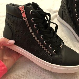 Black side zip high top shoes